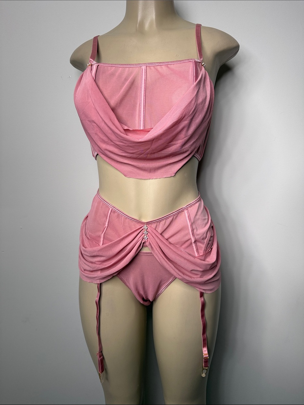Pink Draped Two-Piece Chemise Set with Garter Straps